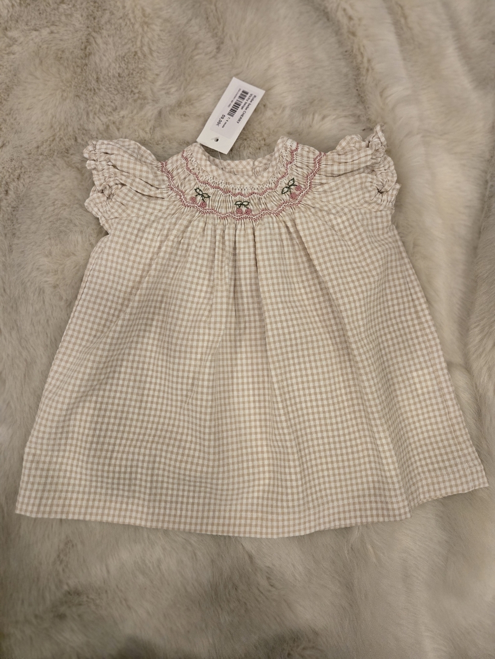 Neutral Gingham Baby Girl Smocked Dress – Size 6M